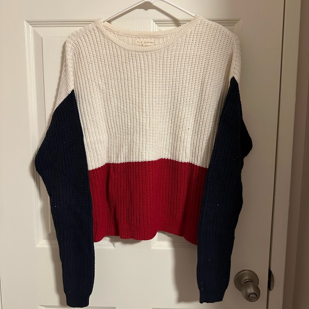 Pacsun L.A. Hearts Color Blocked Red, White & Blue Slightly Cropped Knit Sweater